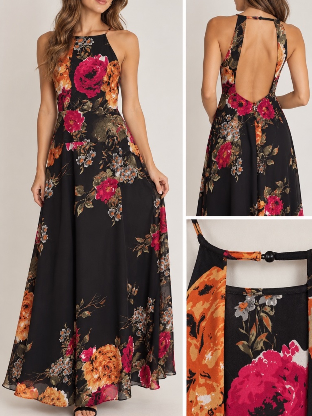 Womens M Black Floral Maxi Dress Open Back Boho Romantic Cottagecore Wedding